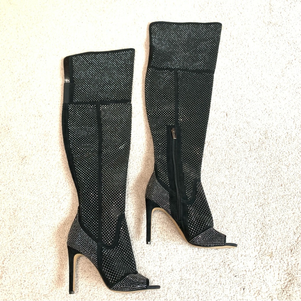 Vince Camuto Kamorina Over The Knee Black Perforated Rhinestone Boots Women 6.5